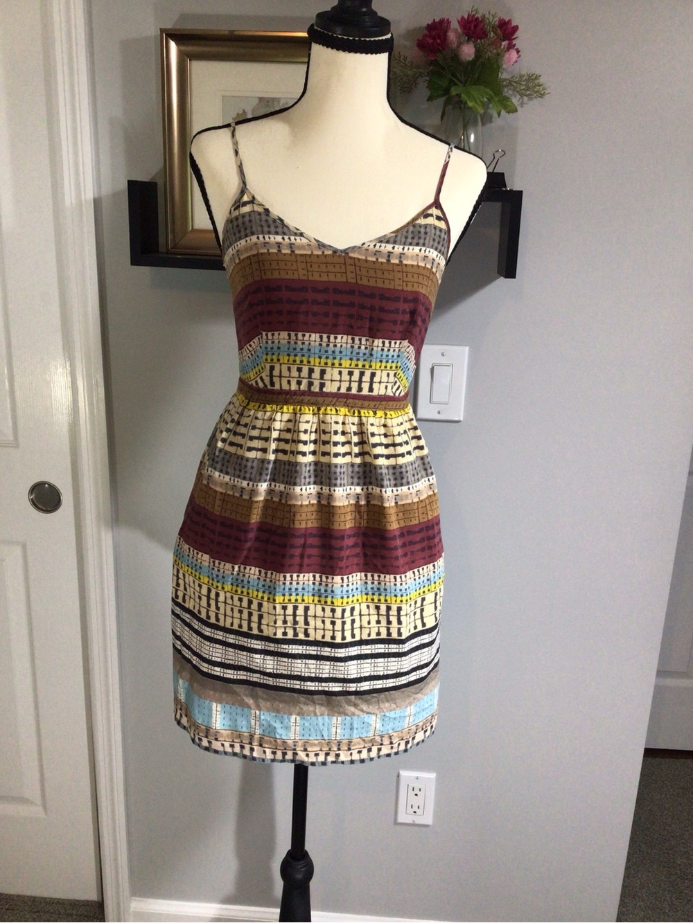 Striped Spaghetti-Strap Dress in Burgundy & Mustard